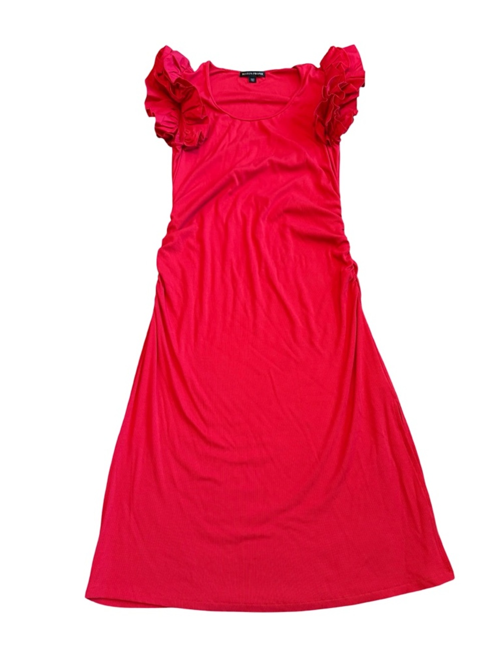 Boston Proper Ruffle Knit Rib Ruched Dress Bold Red Stretch Fitted Size Large